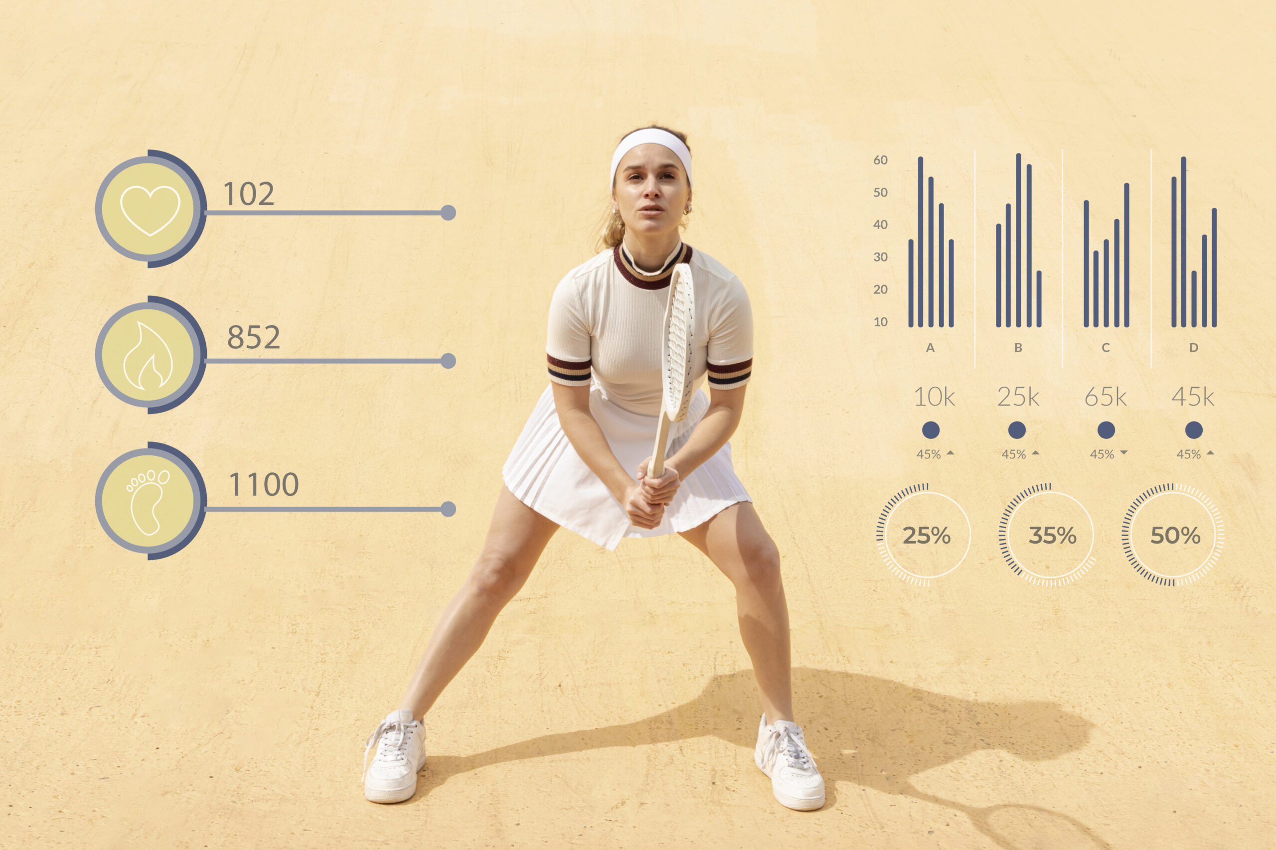 Digitale sportanalyse met zichtbare hartslag en activiteitsgegevens rond een actieve speler